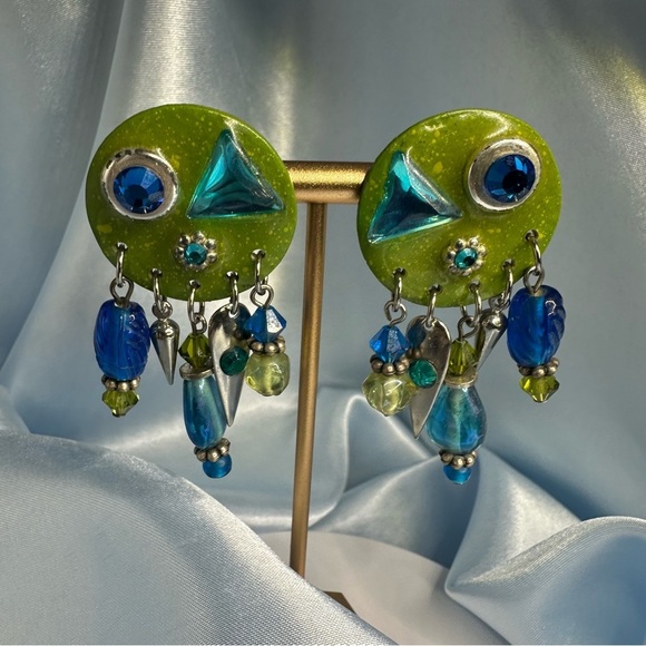 Whimsical Green & Blue Dangle Statement Earrings – Mixed Media Art Jewelry - Picture 6 of 10